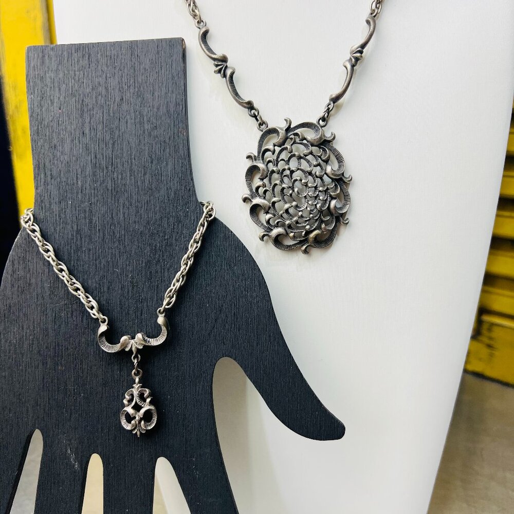 Vintage Gothic 1973 Amway Spanish Scroll Necklace and Bracelet Set Pewter-Tone
